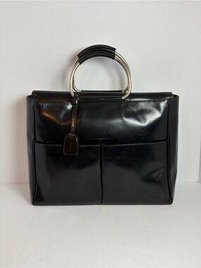 Vintage Gucci Tom Ford Era Metal Ring Handle Sleek Black Patent Leather Handbag
